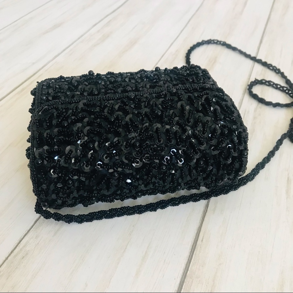Black Sequined & Beaded Handbag with Long Beaded Strap - Picture 6 of 11